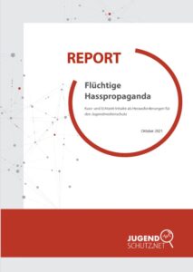 Schlichtes rot-weißes Titelblatt mit Schriftzug "Report. Flüchtige Hasspropaganda."