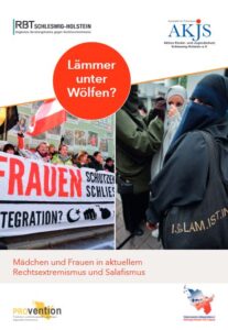 Das Titelbild der Broschüre zeigt zwei Photos. Einmmal eine rechtsextreme Demonstration mit Frauen in der ersten Reihe und einmal eine Gruppe voll verschleierter Frauen.