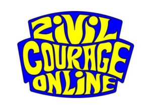 Logo der Zivilcourage Online Materialien. Es zeigt einen geschwungenen Schriftzug in gelb auf blauem Grund "Zivilcourage Online"