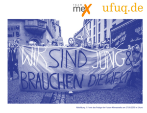 Auf dem Bild sind junge Menschen auf einer Demonstration. Sie halten einen Banner ins Bild, auf dem steht "Wir sind jung & brauchen die Welt".