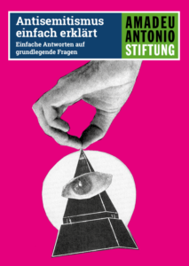 Eine Collage mit pinkem Hintergrund, eine Hand greift mit Zeigefinger und Daumen nach einer Pyramide, auf der ein Auge ist und dahinter ein Kreis. Oben steht: Antisemitismus einfach erklärt. Einfache Antworten auf grundlegende Fragen. Rechts daneben: Amadeu Antonio Stiftung.