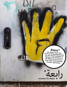 Ein Graffiti einer rechten gelben Hand, die Finger sind nach oben ausgestreckt und der Daumen zur Handfläche eingeknickt. Unten rechts steht auf Arabisch Rabia. Darüber ist ein Infofeld, in dem steht: Rabia * Die Rabia −Hand kam 2013 als Solidaritätszeichen mit den Muslimbrüdern in Ägypten auf. Seitdem ist der Rabia −Gruß zu einem Code vieler islamistischer Gruppen geworden.