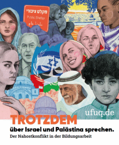 Cover der Handreichung „Trotzdem über Israel und Palästina sprechen“ mit stilisierten Figuren und grafischen Elementen, die Dialog und unterschiedliche Perspektiven symbolisieren.
